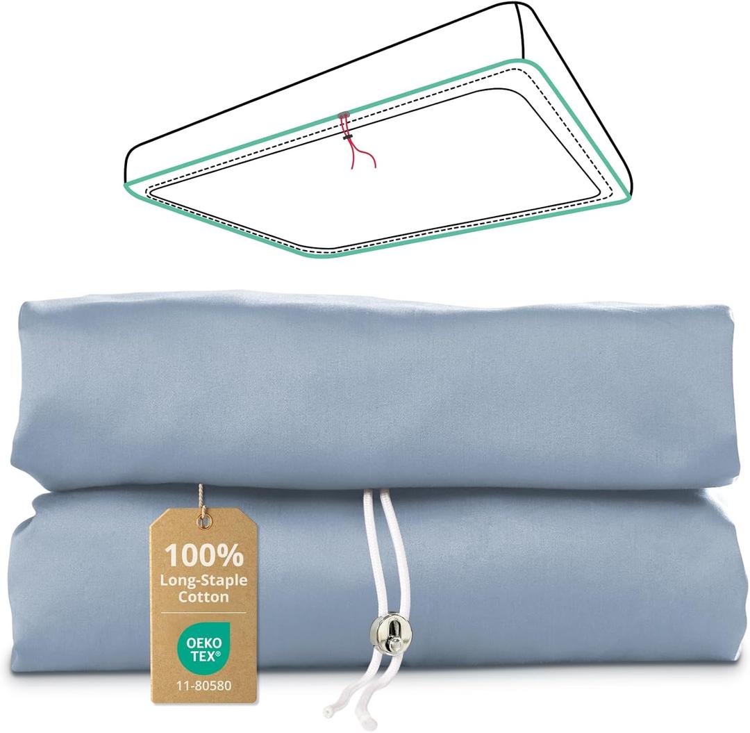 King Fitted Sheet Only with Drawstring and 360 Elastic Strap for Tight Fit, 100% Long-Staple Cotton Fitted King Sheet, Luxury Soft and Comfort, No Slippage, Deep Pocket Fits 8" to 14" Mattress (Sky Blue)