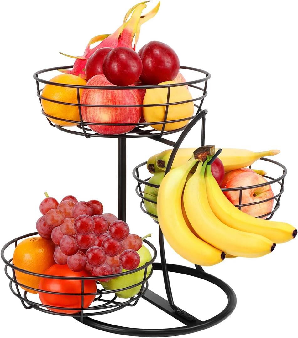 Livabber Fruit Basket Bowl with Banana Hanger, Fruit Vegetable Storage Basket with Banana Tree Holder for Kitchen Counter, Detachable Organizer for Bread Snack Produce (Black, 3Tier Metal Base)
