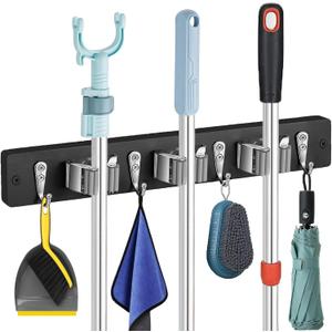 Mop and Broom Holder Wall Mount - Rustic Wood Broom Hanger Wall Mount | Laundry Room Decor - Broom Organizer Wall Mount for Farmhouse Garden Kitchen Garage Tool Organizer(Black-3slots/4hooks)