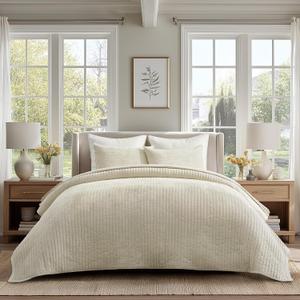 EVERGRACE Velvet Quilt Set Queen Size, Luxurious Soft Striped Channel Bedding Set, Lightweight Velvet Comforter for All Season, Oversized Bedspread Coverlet with 2 Matching Shams, Beige