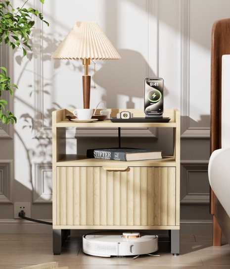 Fluted Night Stand with Charging Station, Wood Nightstand with Large Drawer and Open Storage Cabinet, Mid-Century Modern Bedside Table End Table for Bedroom Closet Office 