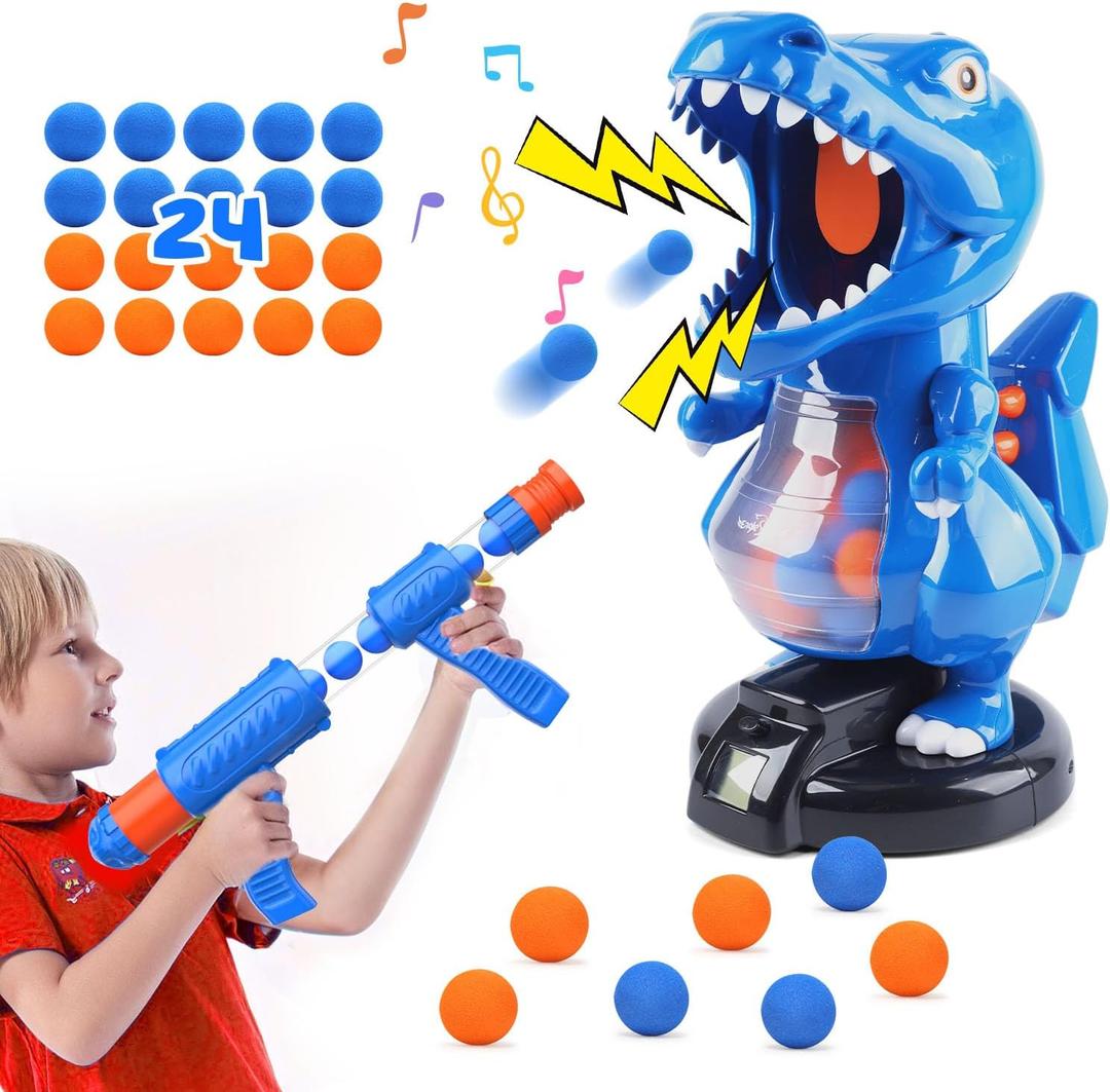 EagleStone T-Rex Dinosaur Shooting Toys for 6 7 8 Year Old Boys, Electronic Shooting Target Game with Air Pump Gun, 24 Balls, Foam Blaster Boy Toys Age 6-8 8-10, Christmas Birthday Gifts for Kids (Blue)