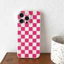 Skyseaco Compatible with iPhone 16 Pro Max Case Cute Checkerboard Checkered Pattern Design Soft Slim TPU Phone Case Shockproof Full Camera Protection for Women Girls - Hot Pink