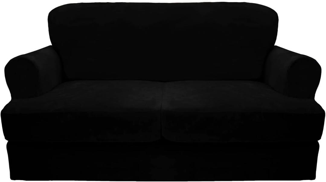 CUCRAF Cushion Sofa Cover 3 Piece Slipcovers, Soft Thick Velvet Couch Cover for Living Room, Washable High Stretch Furniture Protector with 2 Cushion Sofas Slipcover, (Large, Balck) (Black)