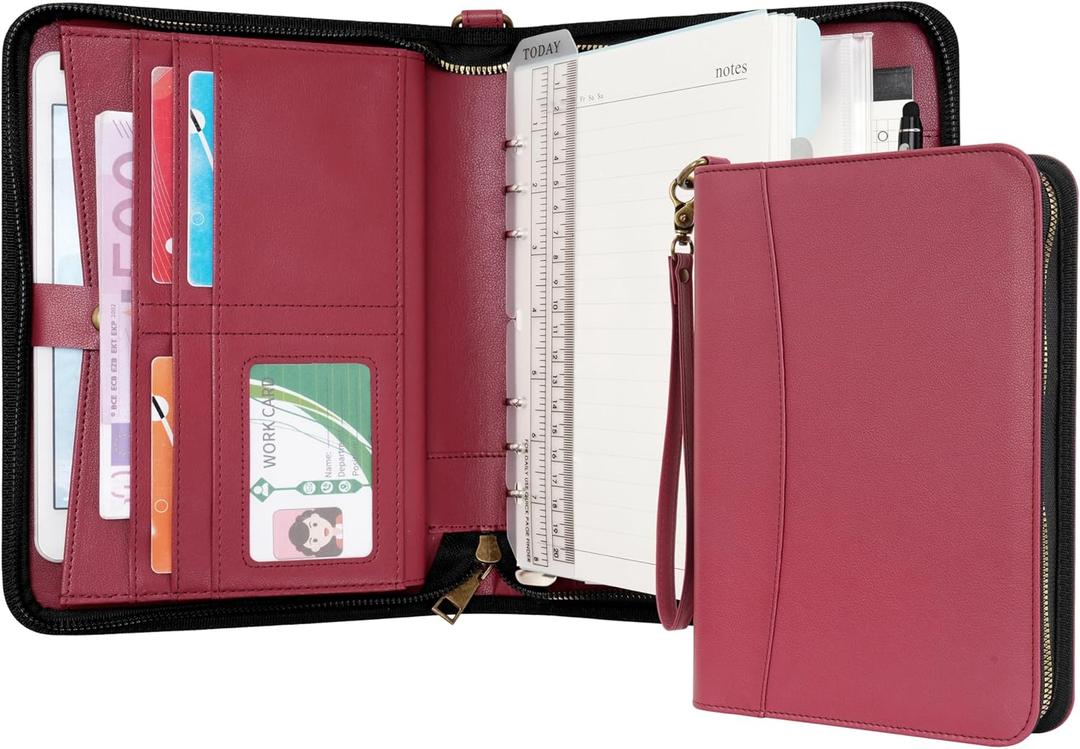 WASON Portfolio A5 Binder Journal with Zipper - Leather pu Writing Notebook Padfolio with Detachable Refillable Notebook, Legal Pad for Business Study and Travel Organizer (Red)