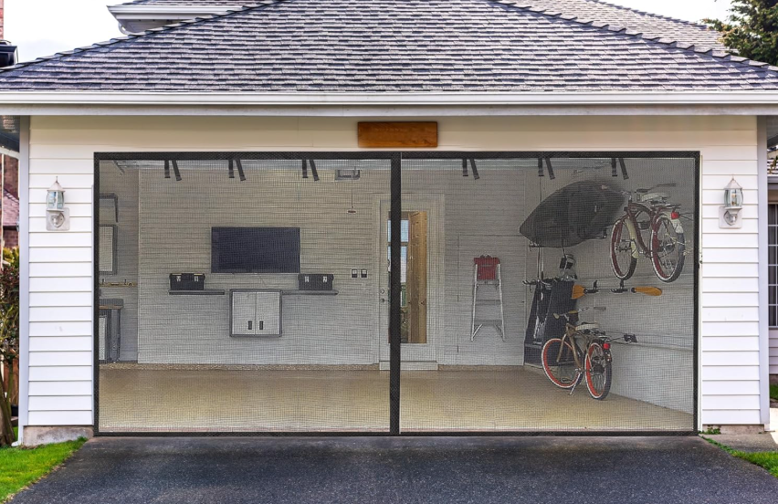 Garage Screen Doors for 2-Car Garage, Fiberglass 2300g/5.1 Lb Heavy Duty Magnetic Door Screen, Hands-Free with 6 Roll Up Straps for Patio, Outdoor, Gym, Sun House Porch, Black, 16x7 Ft