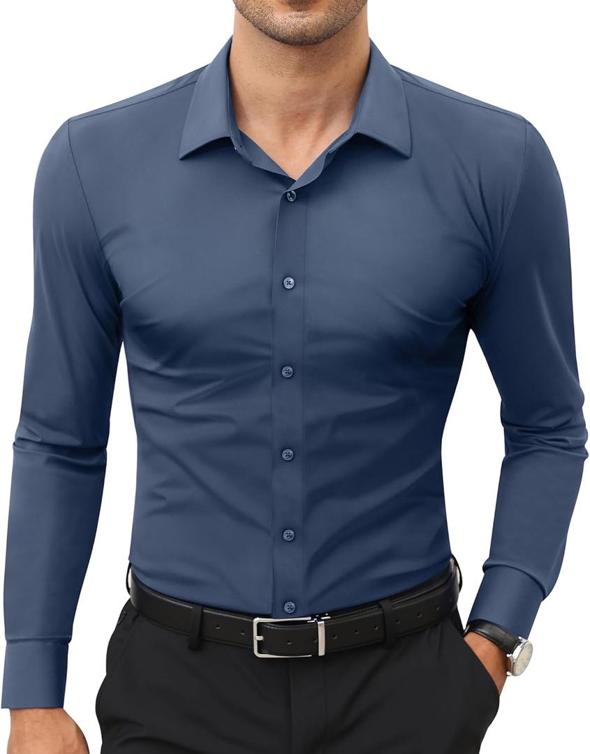 Stretch Mens Dress Shirts Long Sleeve Slim Fit Dress Shirts for Men Muscle Fit Wrinkle Free Button Down Shirt (Large, Dark Grey)