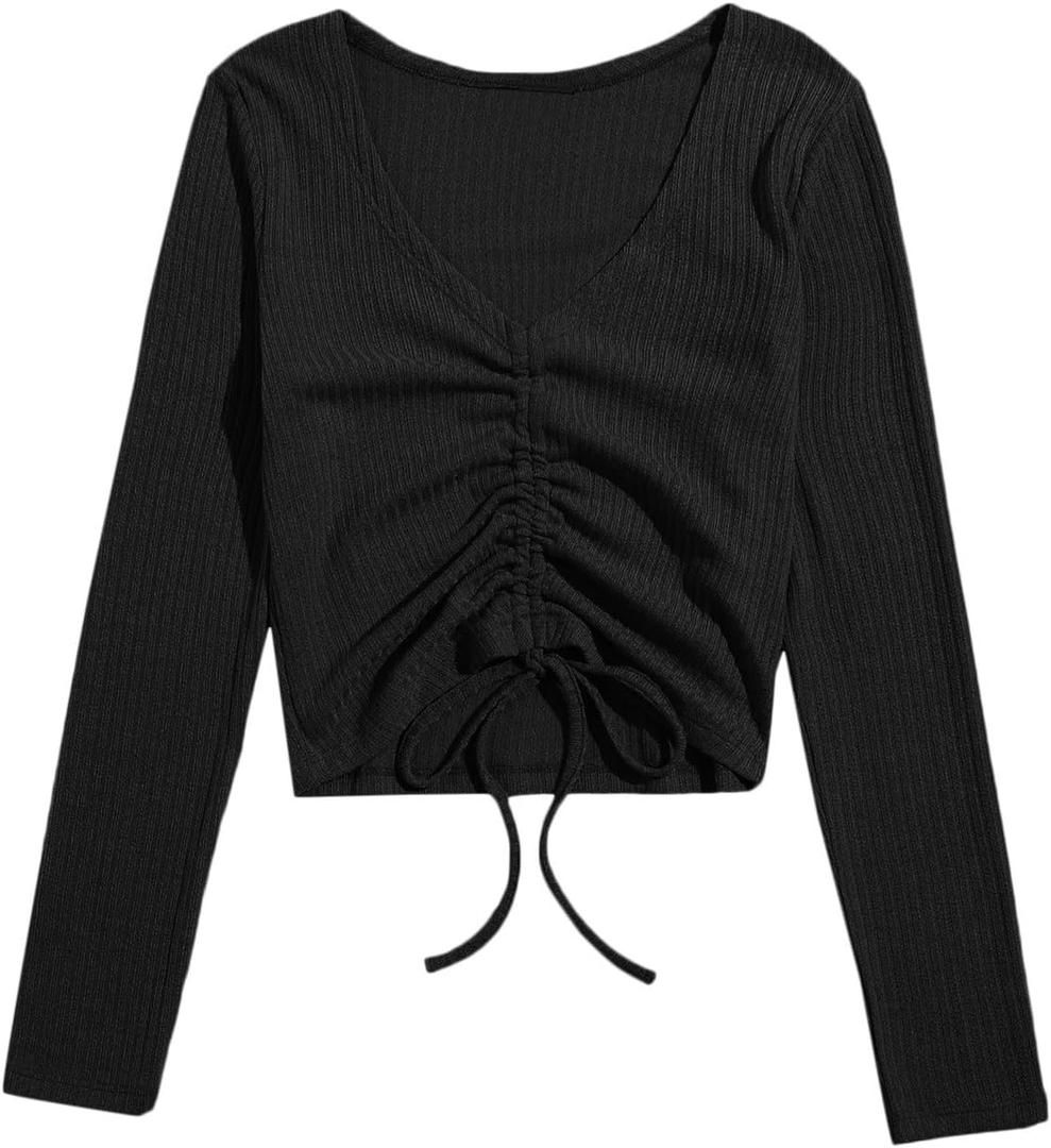SweatyRocks Women's Long Sleeve V Neck Crop Top Drawstring Ruched Tee Shirt (X-Large, Black)
