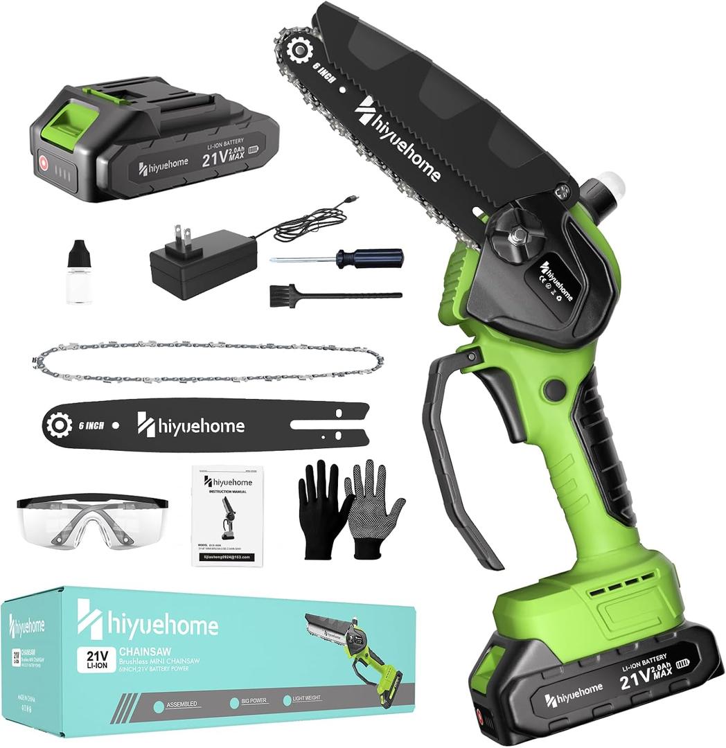 Mini Chainsaw 6inch, Chainsaw Cordless w Automatic Oiler, Handheld Electric Power Chain Saw w Security Lock, Brushless Motor,Chainsaws for Wood/Trees Trimming (Green - 1 battery, 6 INCH)