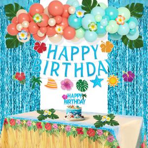 Summer Tropical Birthday Party Decorations, Beach Theme Party Supplies with Table Cloth, Happy Birthday Banner, Aloha Hawaiian Luau Balloons, Foil Fringe Curtains, Hibiscus Palm Leaves, Cake Toppers