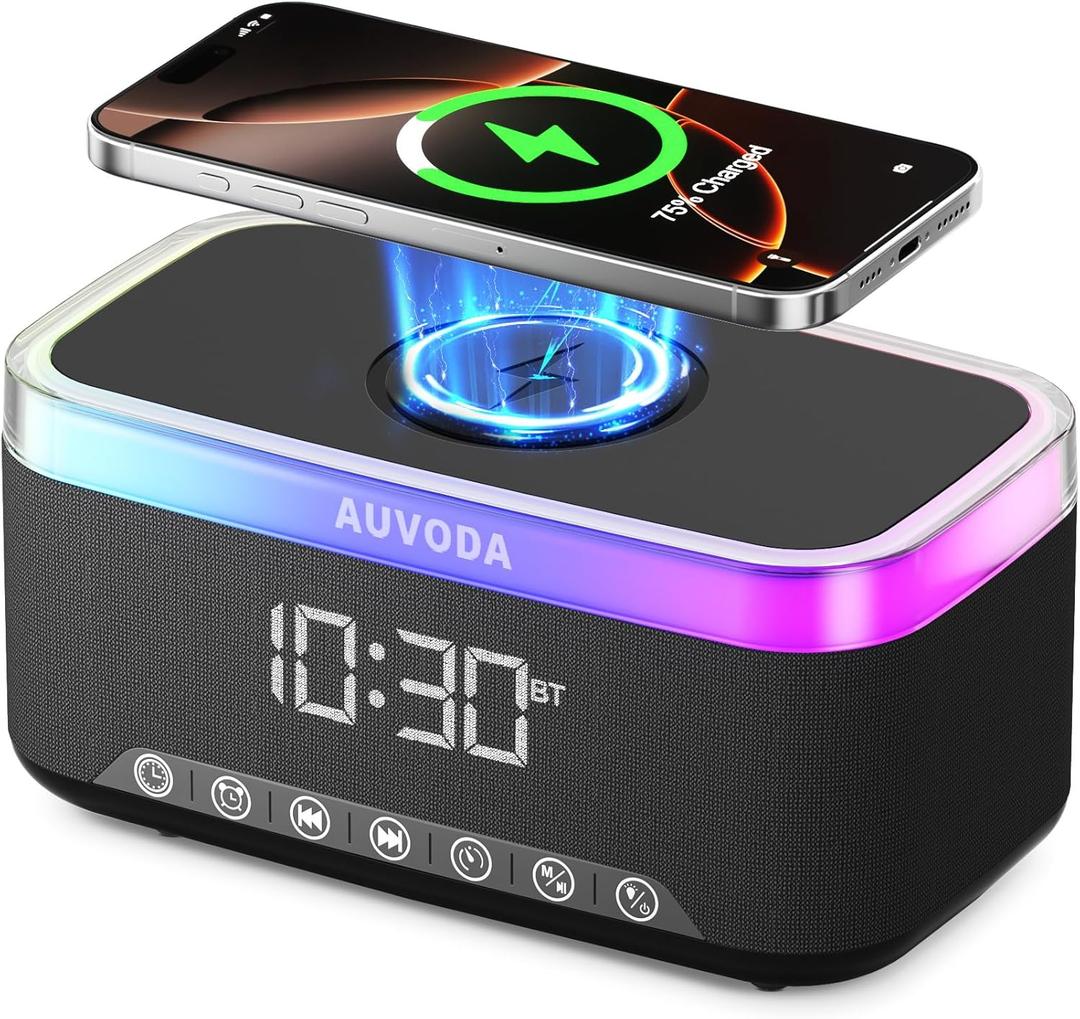 Auvoda S300 Portable Bluetooth Speaker with 15W Fast Wireless Charging, 13-Color Dimmable Night Light, White Noise, Alarm, FM Radio, 10W Stereo, BT5.3, TWS, for Home, Office, Bedroom (Black)