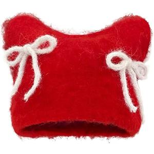 Women Fluffy Knit Beanie Hats Cute Bow Knot Cat Ear Hat Y2k Aesthetic Accessories Kawaii Stuff (One Size, Red)