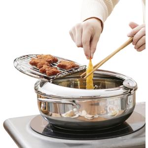 Deep Fryer Pot (C), 11"/4.4Qt (4.2 L) Extra Large Tempura Frying Pot with Lid, 304 Stainless Steel Fry Pot with Temperature Control and Oil Drip Drain Rack