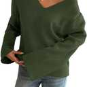 Yousify Womens V Neck Oversized Sweaters Long Sleeve Knit Pullover Trendy Casual Chunky Sweater (Medium, Army Green)
