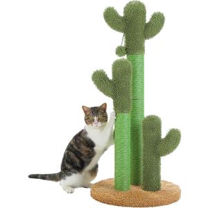 PAWZ Road Cat Scratching Post Cactus Cat Scratcher Featuring with 3 Scratching Poles and Interactive Dangling Ball - 35 Inches