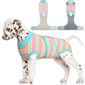 FUAMEY Recovery Suit for Dogs After Surgery,Soft Breathable Dog Bodysuit E-Collar & Cone Alternative Surgical Suit,Male Female Dog Neuter Spay Suits Anti Licking Wounds Onesie Mint Green Stripes S (S(Back:11.4-13.4in,WT:7-15lbs))