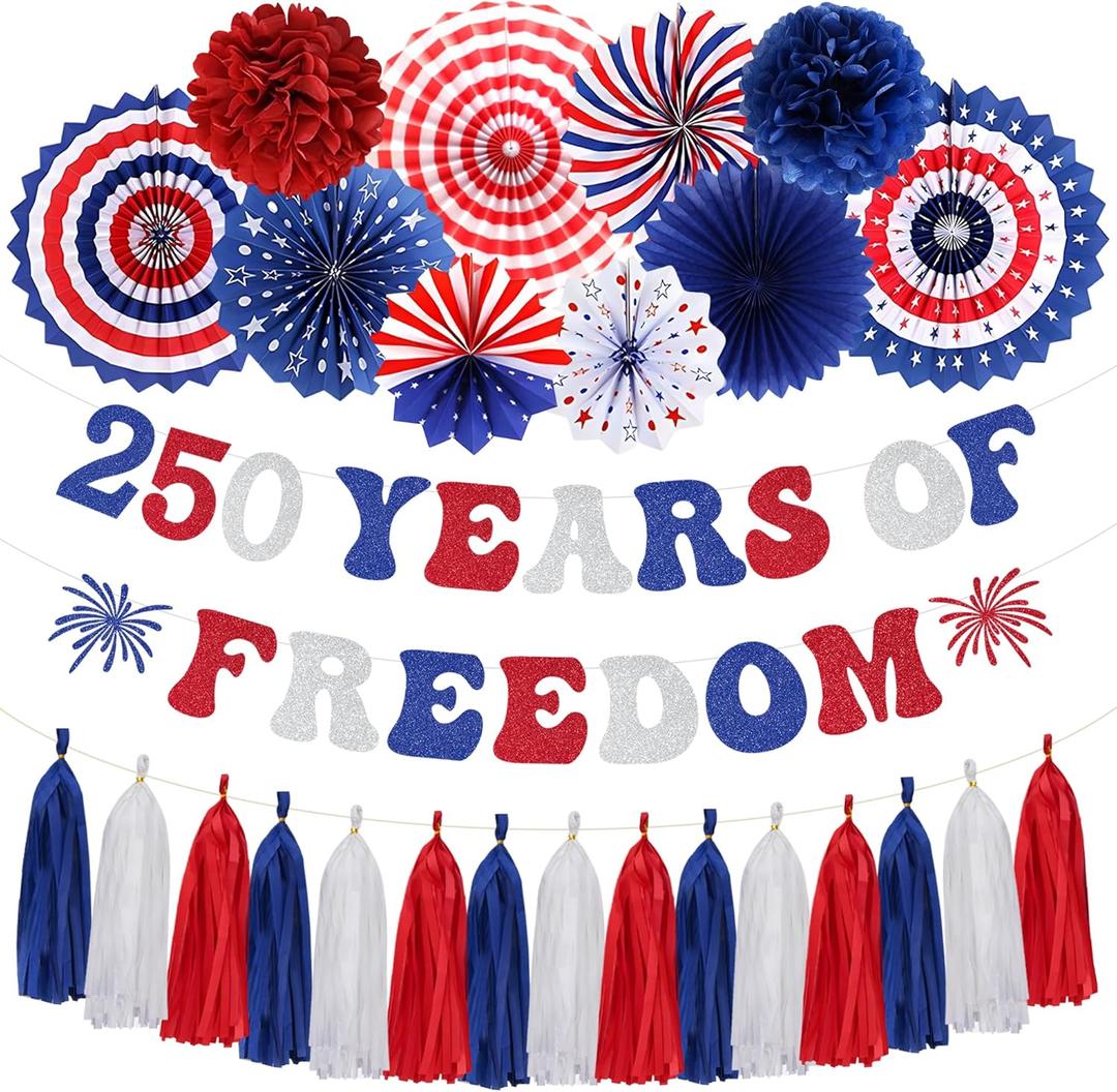 Roetyce 250th Anniversary American Decorations, Red White and Blue Glitter 250 Years of Freedom Banner Photo Backdrop Background, USA Patriotic 4th of July Independence Day Party Supplies