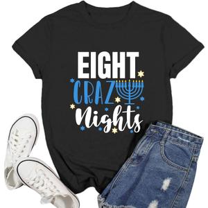 Hanukkah Shirt for Women Jewish Chanukah T-Shirt Eight Crazy Lights Tee Happy Hanukkah Tops (Black, XL)