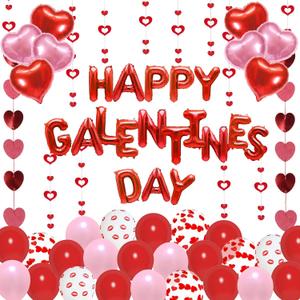 Amandir 105pcs Galentines Day Decorations, 16'' Happy Galentines Balloons Banner Red Pink Foil Heart Balloons Hanging Heart Garlands for Ladies Bachelorette Galentine's Valentines Day Party Decor