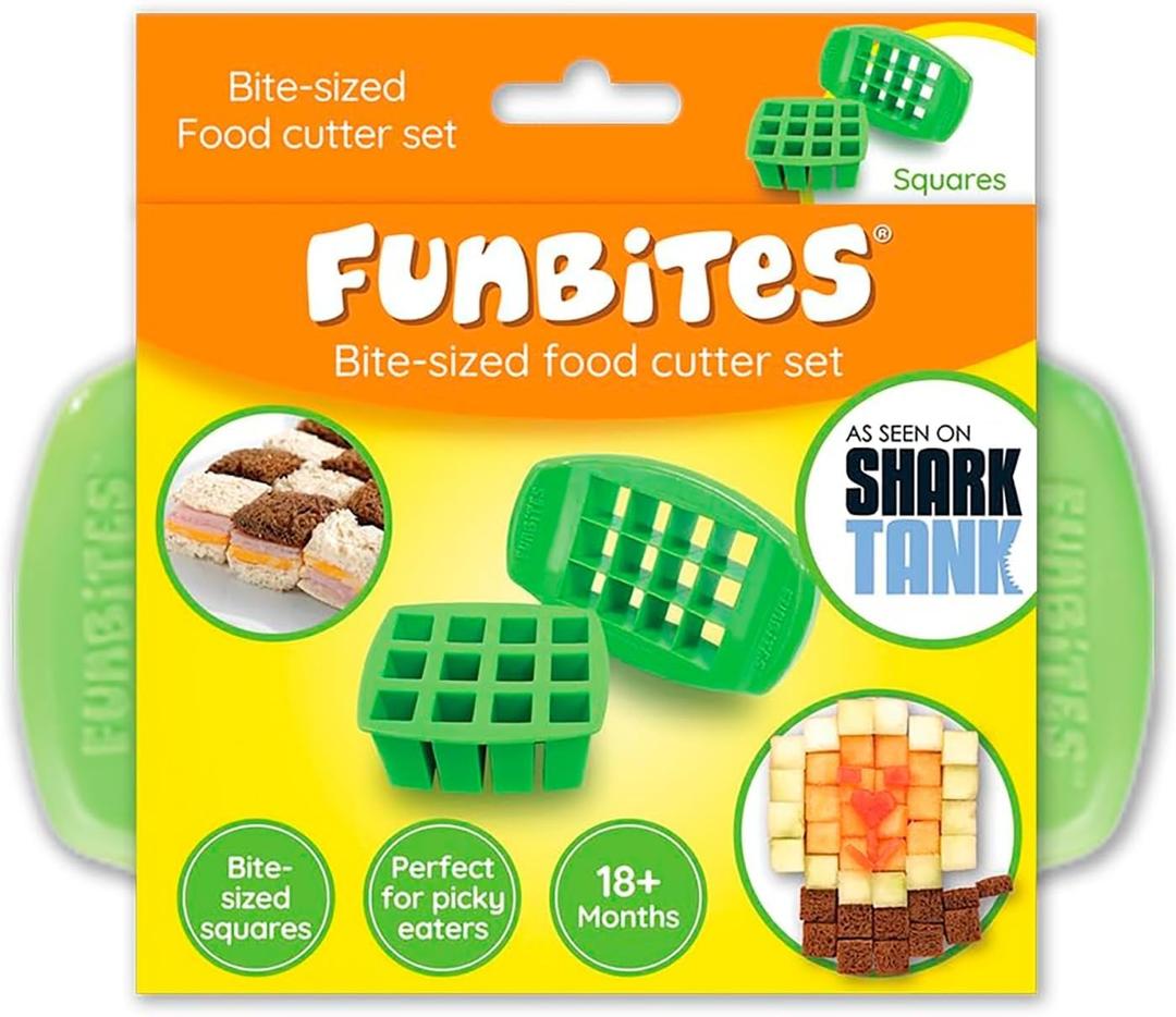 FUNBITES Crustless Sandwich Cutter for Kids Lunch (2-piece set), Uncrustable Sandwich Cutter, Bite-Size Food Cutter for Toddlers, Bento Box Accessories, BPA-FREE Dishwasher Safe, Green Squares 1pk