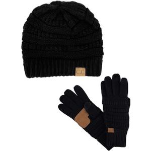 C.C Unisex Soft Stretch Cable Knit Beanie and Anti-Slip Touchscreen Gloves 2 Pc Set (One Size)