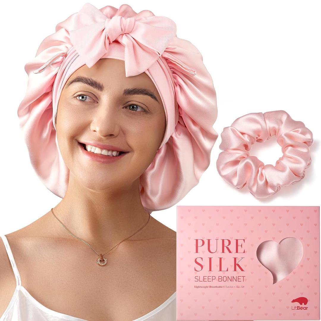 LitBear 100% Mulberry Silk Bonnet for Sleeping Women, 6A 22 Momme, Large Double-Layer Silk Hair Wrap with Tie Band, Non-Slip Turban, Includes Silk Scrunchie (Pink)