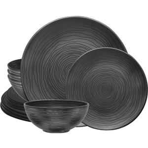 Bzyoo 12 Piece Melamine Dinnerware Set - Durable, Dishwasher Safe Organica Black Plates and Bowls Sets Casual Dish Set for Dining, Outdoor and Kitchen (Organica Black)