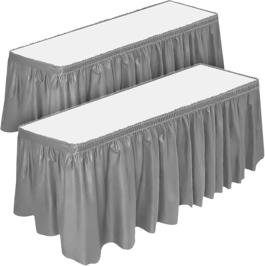 DecorRack 2 Pack Table Skirts, 29 in x 14 ft Each, Multi Pack -BPA Free- Plastic Tableskirt, Disposable, Reusable, Rectangular Tablecloth Skirt, Silver (2 Pack)