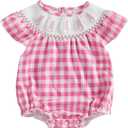 7 x Gueuusu Newborn Baby Girl Easter Outfit Bunny Embroidery Smocked Bubble Romper Short Sleeve One Piece Bodysuit Infant Clothes (2-3T, Plaid)