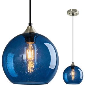 Blue Glass Pendant Lights Kitchen Island Lighting Globe Pendant Light Fixtures Modern Pendant Lighting for Kitchen Island Bedroom Living Dining Room Light Fixture(7.87in, 1-Pack)