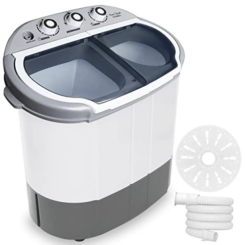 Pure Clean Compact Home Washer & Dryer, 2 in 1 Portable Mini Washing Machine, Twin Tubs, 11lbs. Capacity, 110V, Spin Cycle w/Hose, Translucent Tub Container Window, Ideal for Smaller Laundry Loads, Gray