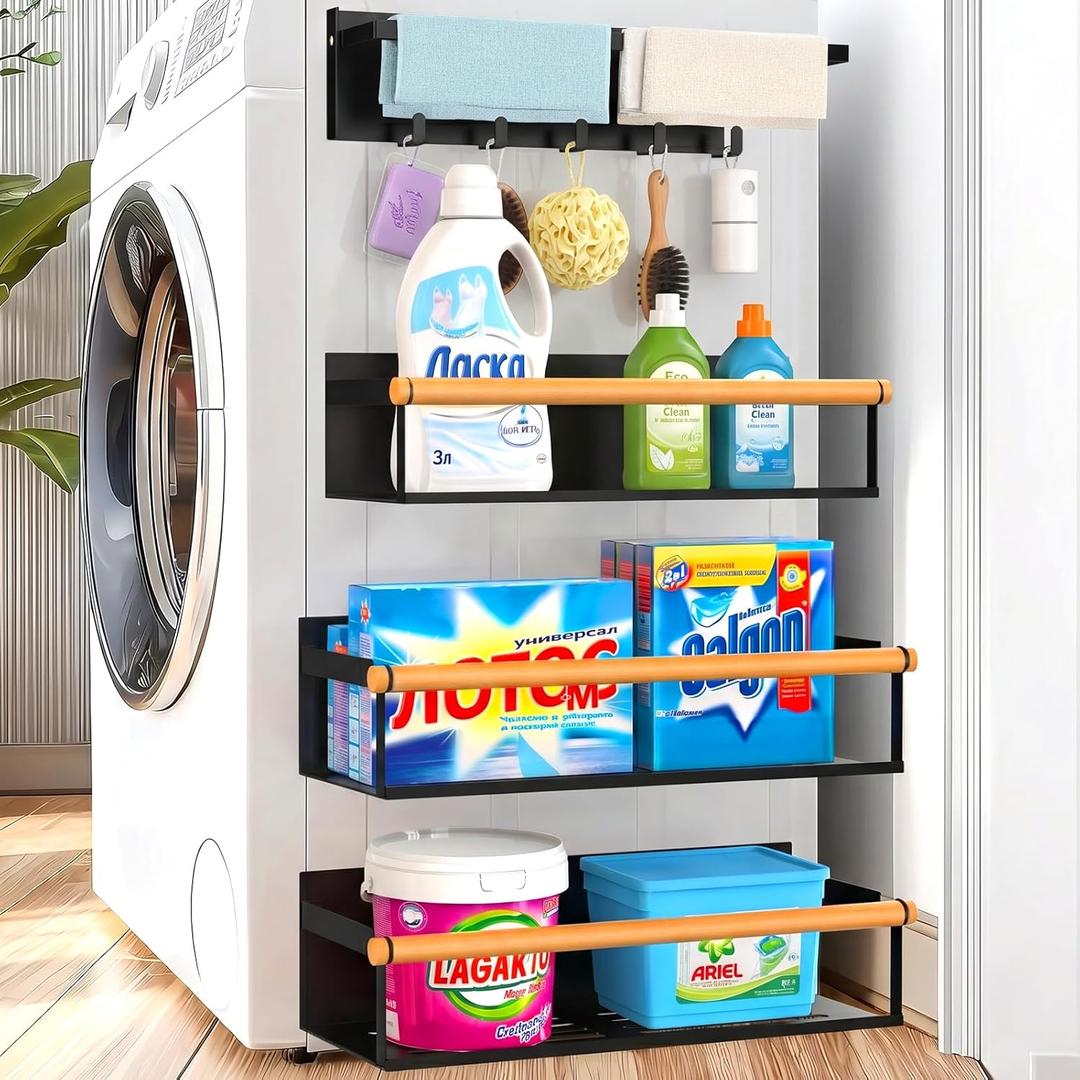 POLRAI 4 Pack Magnetic Shelves for Washing Machine Magnetic Shelf for Fridge Powerful Magnetic Shelves and Magnetic Hook for Laundry Room Kitchen Bathroom Organization