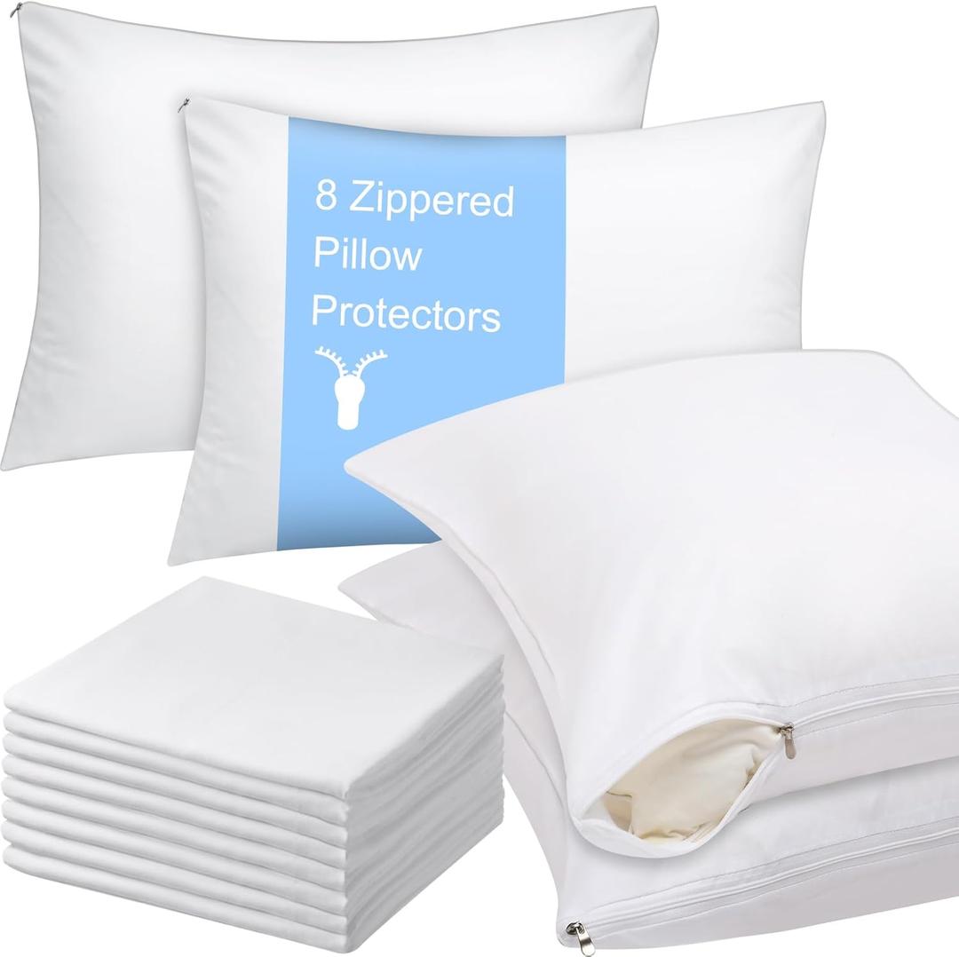 Shimeyao 48 Pcs 20 x 30 Inch Zippered Pillow Protectors Bulk, Standard Size Bedding Pillow Cases, Soft Breathable Cotton Sateen Dust Protection Covers White Protectors for Home Hotel Rental