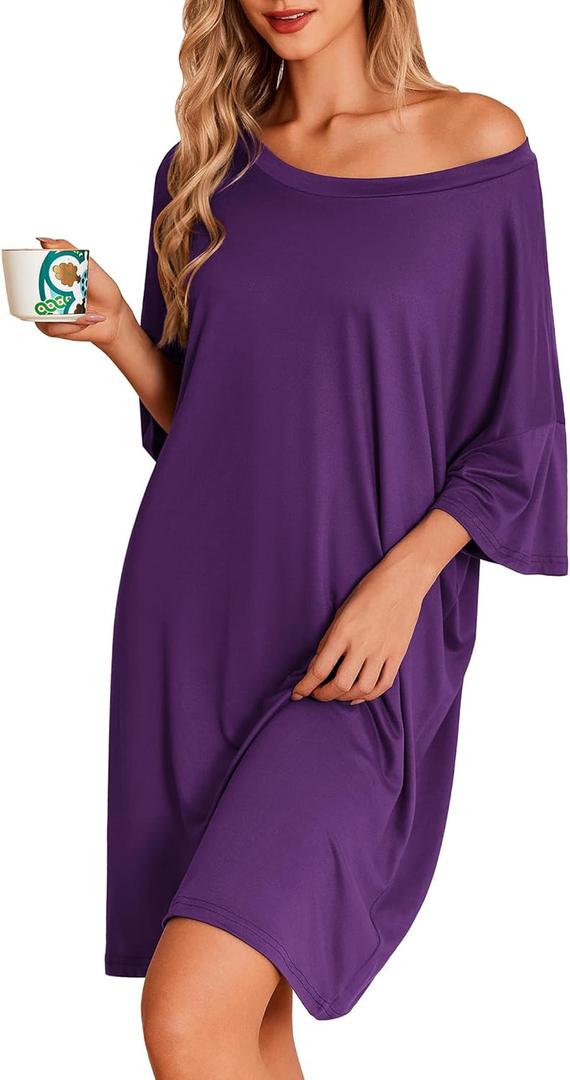 Ekouaer Plus Size Nightgowns for Women Oversized Sleep Shirt Short Sleeve Nightshirt T-Shirt Dress Sleepwear S-5XL (Purple, M)
