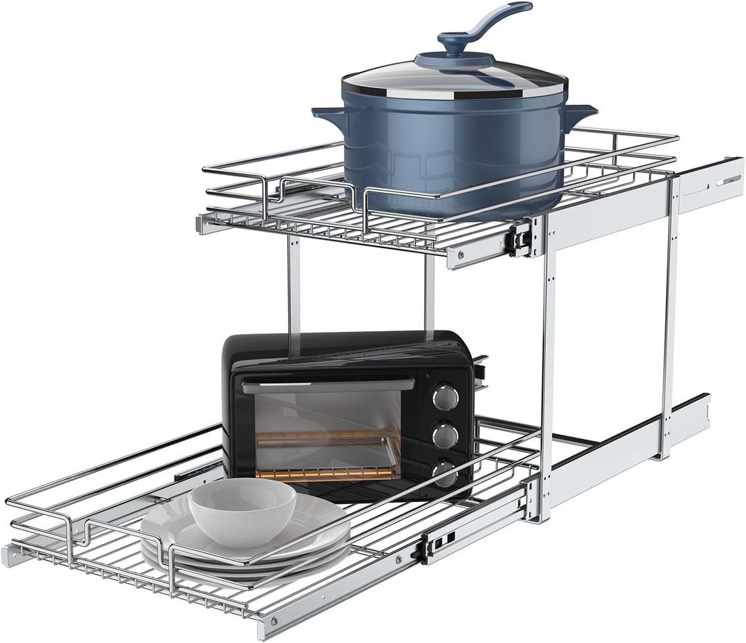 2 Tier Pull Out Cabinet Organizer, 17" W x 21" D Heavy-Duty Metal Sliding Drawer Shelf for Kitchen Cabinets, Chrome, Doesn't Include Door Fittings