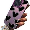 Phone Case for Women/Girls, Luxury Love Heart Electroplate Silver Case Compatible with iPhone 14 Pro, Purple with Black Hearts