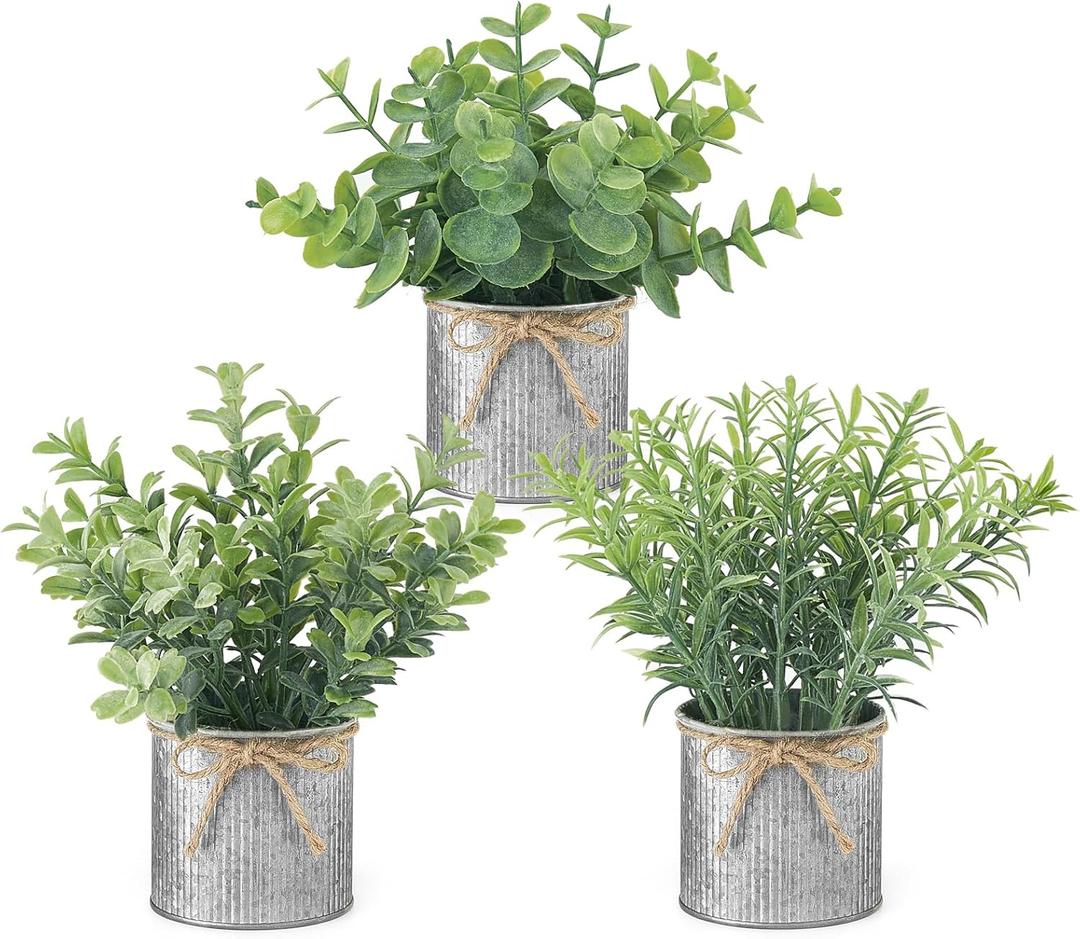 Mkono Mini Fake Plants in Farmhouse Galvanized Metal Pots 3 Pack Small Potted Artificial Plant Eucalyptus for Laundry Room Bathroom Shelf Table Decor (Grey)