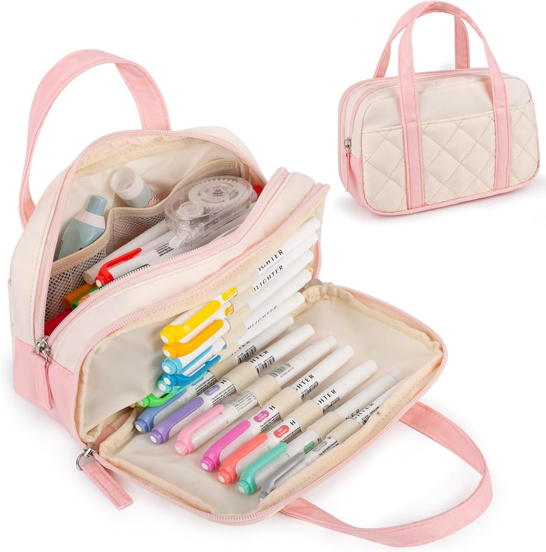 2 Compartment Pencil Case For Girls, Zipper Pencil Bag With Handle, Large Capacity quilting Pencil Pouch Organizer Aesthetic, Women's Soft Pencil Box Marker Pouch For Middle School Office College (Pink)