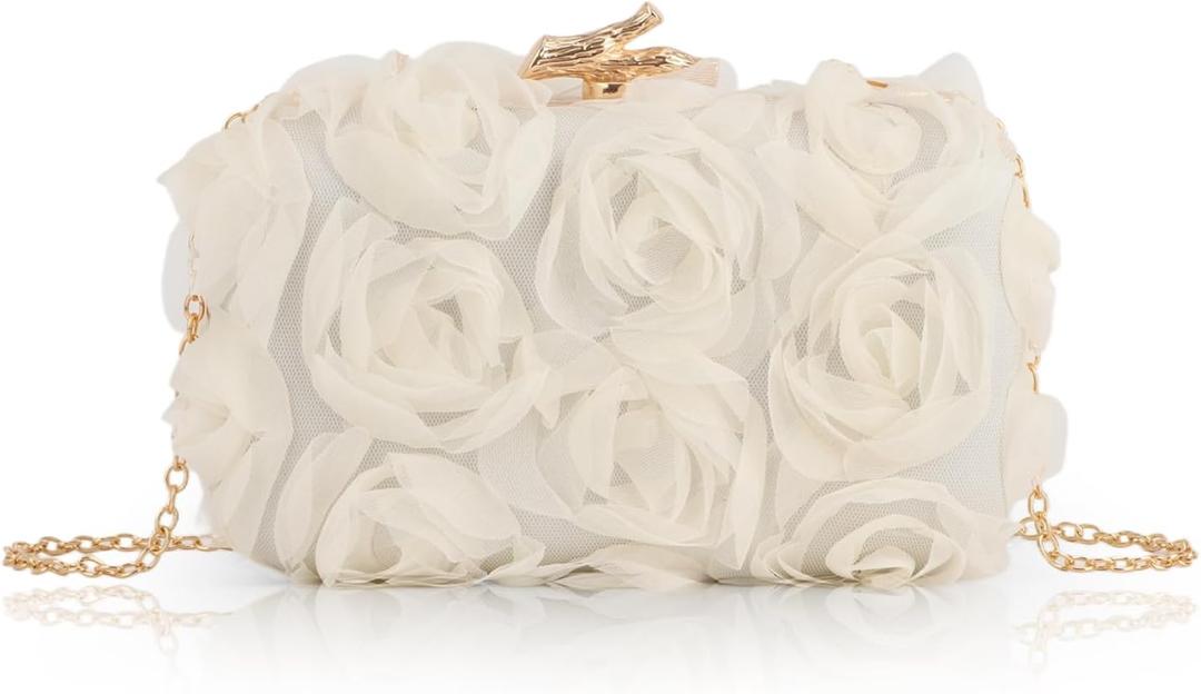 Lanpet Women Clutches Purse Lace Formal Flower Evening Handbag Chain Strap Shoulder Bag (Apricot)