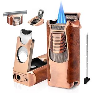 All in One Butane Torch Lighter, Triple Jet Flame Windproof Lighter Built-in Cutter, Punch, Holder, Draw Enhancer, Refillable Butane Lighter for Candles, Cool Lighters Gift for Men (No Gas)