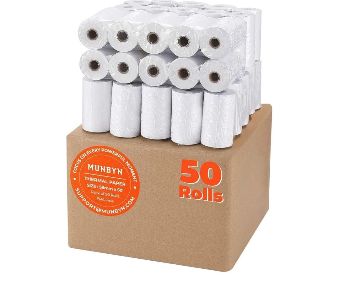 MUNBYN 2 1/4" inch x 50'ft Thermal Paper (50 Rolls), BPA Free Receipt Paper, 58mm Thermal Receipt Papers Fits All 58mm Thermal POS Printer, Square Terminal Credit Card Machines printers clearly