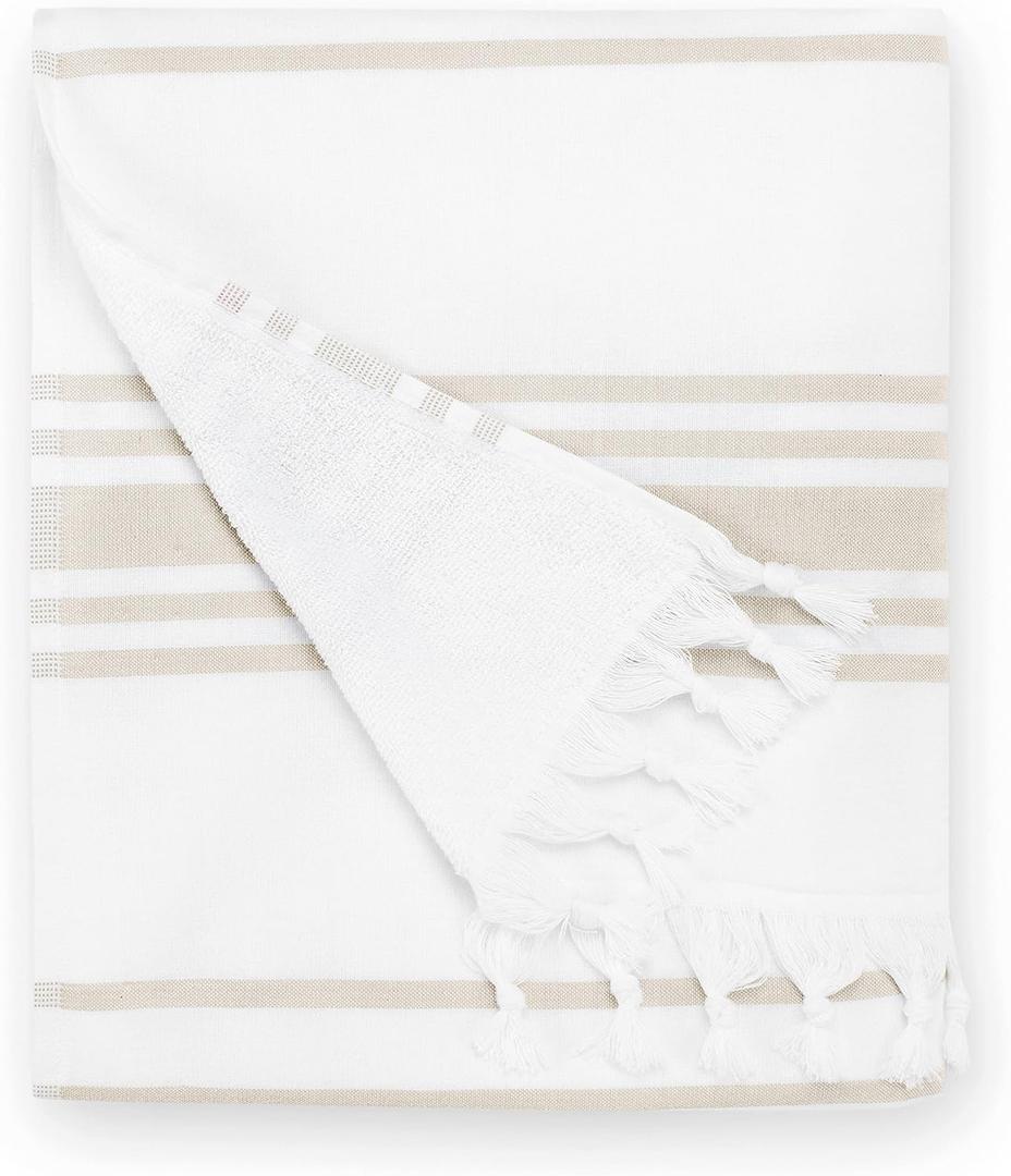 Laguna Beach Textile Co. Soft Turkish Fouta Beach Towel - White & Dune Tan, 400 GSM, 70"L x 40"W