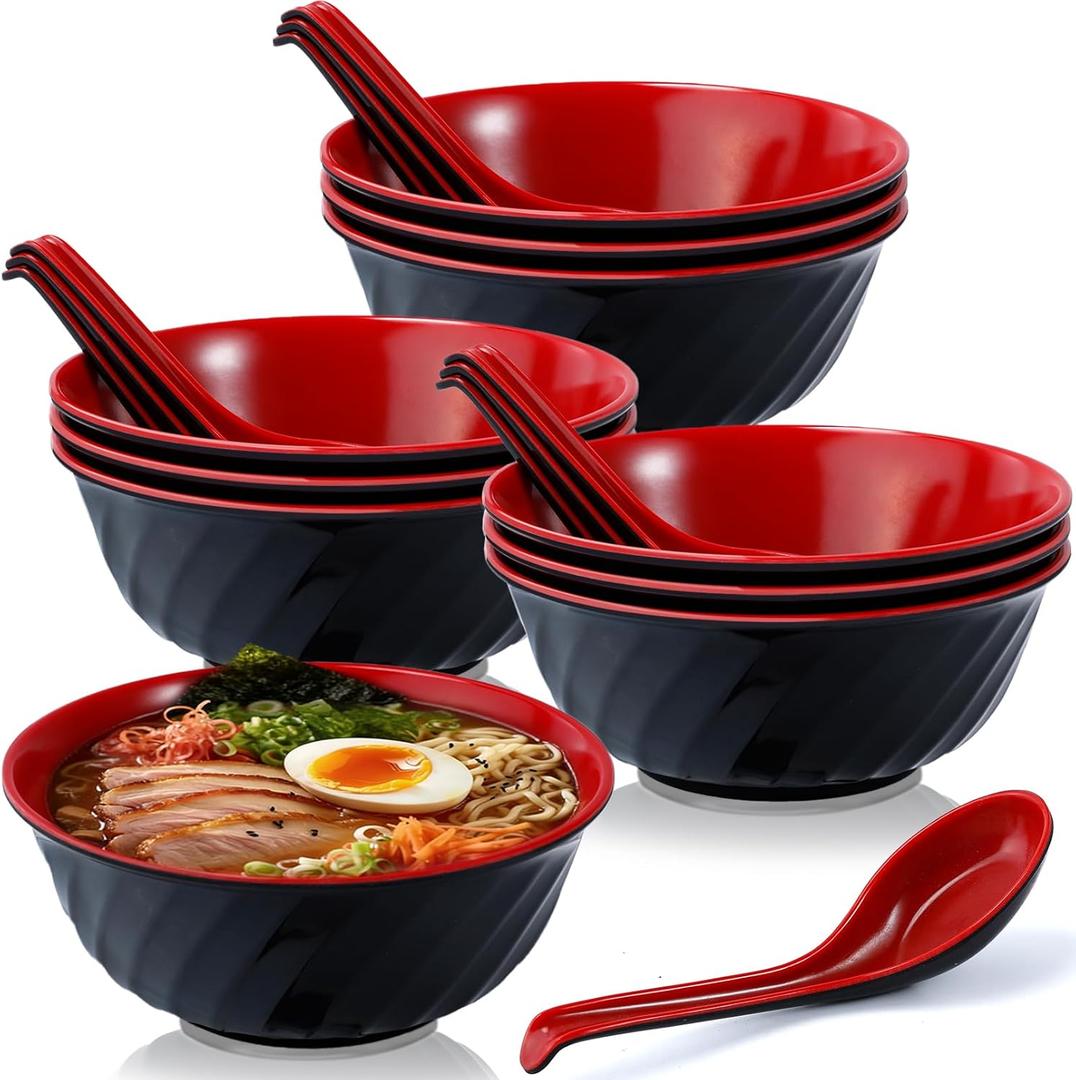 10 Pack Miso Soup Bowls with Spoon, 32 oz Melamine Ramen Bowl, Japanese Ramen Bowls, Noodle Soup Bowl, Black & Red, 6.8in