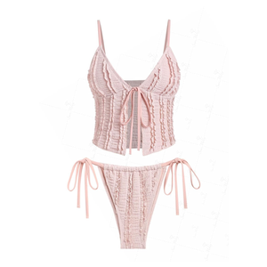 Seamoly Ruffled Trim Textured Tied Side Tanga Tankini Set, Size Medium
