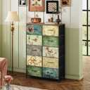 WLIVE Tall Dresser for Bedroom with 10 Fabric Drawers, Floral Painted | 10 Drawers, Fabric Dresser for Closet, Storage Tower with Cabinet, Metal Frame