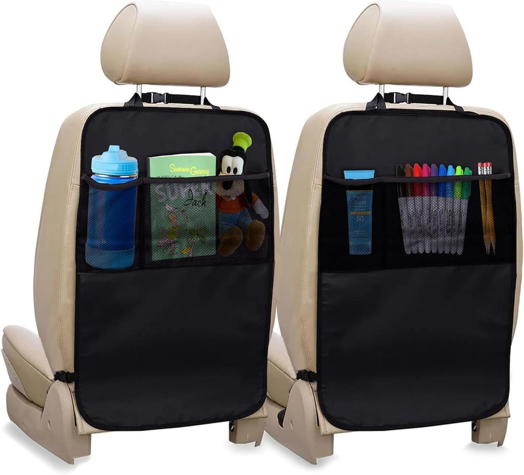 EcoNour 2 Pack Back Seat Protector for Kids Feet | Premium Waterproof Kick Mats with 2 Pocket Organizer | Backseat Cover for Vehicles to Protect from Dirt, Mud & Scratches | Travel Accessories (Black 22 Inch)