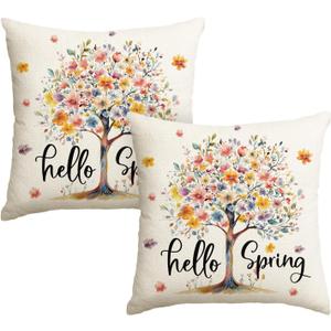 AVOIN colorlife Hello Spring Trees Flowers Throw Pillow Covers, 18 x 18 Inch Watercolor Cushion Case Decoration for Sofa Couch Set of 2