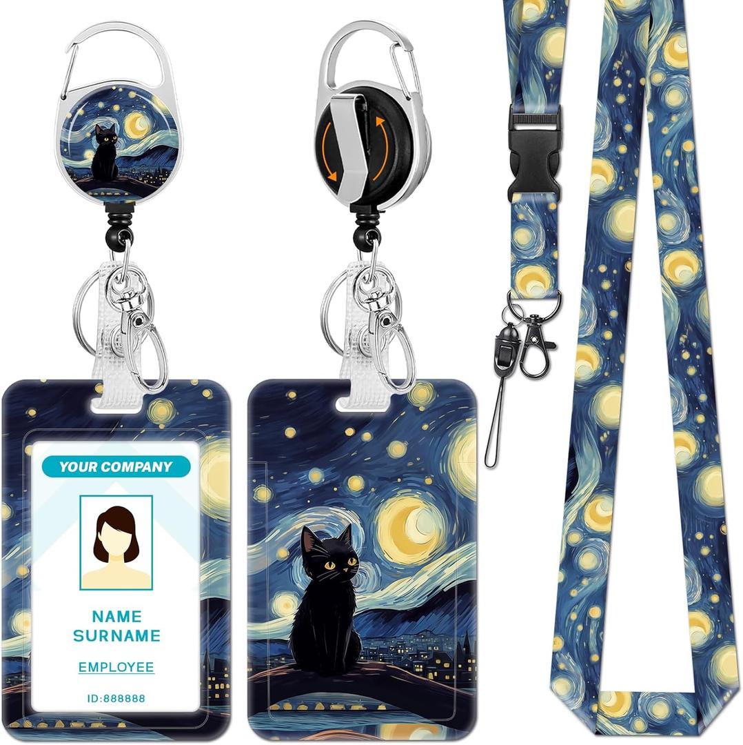 Hancynir Black Cat Lanyards for Id Badges, Starry Night Badge Holder with Retractable Reel Clip, Work Name Tags Keychain Lanyard with ID Holder, ID Card Protector for Women Teacher Nurse Doctor Office
