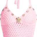 Verdusa Women's Hollow Out Shell Appliques Cami Tie Back Knit Crop Halter Top Pink Large