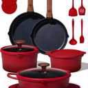 CAROTE 20pcs Titanium Cookware Set, Pots and Pans Set Detachable Handle | Non-Stick, Non-Toxic, Induction Compatible, Dishwasher & Oven Safe, Space Saving, Camping Cooking, Red